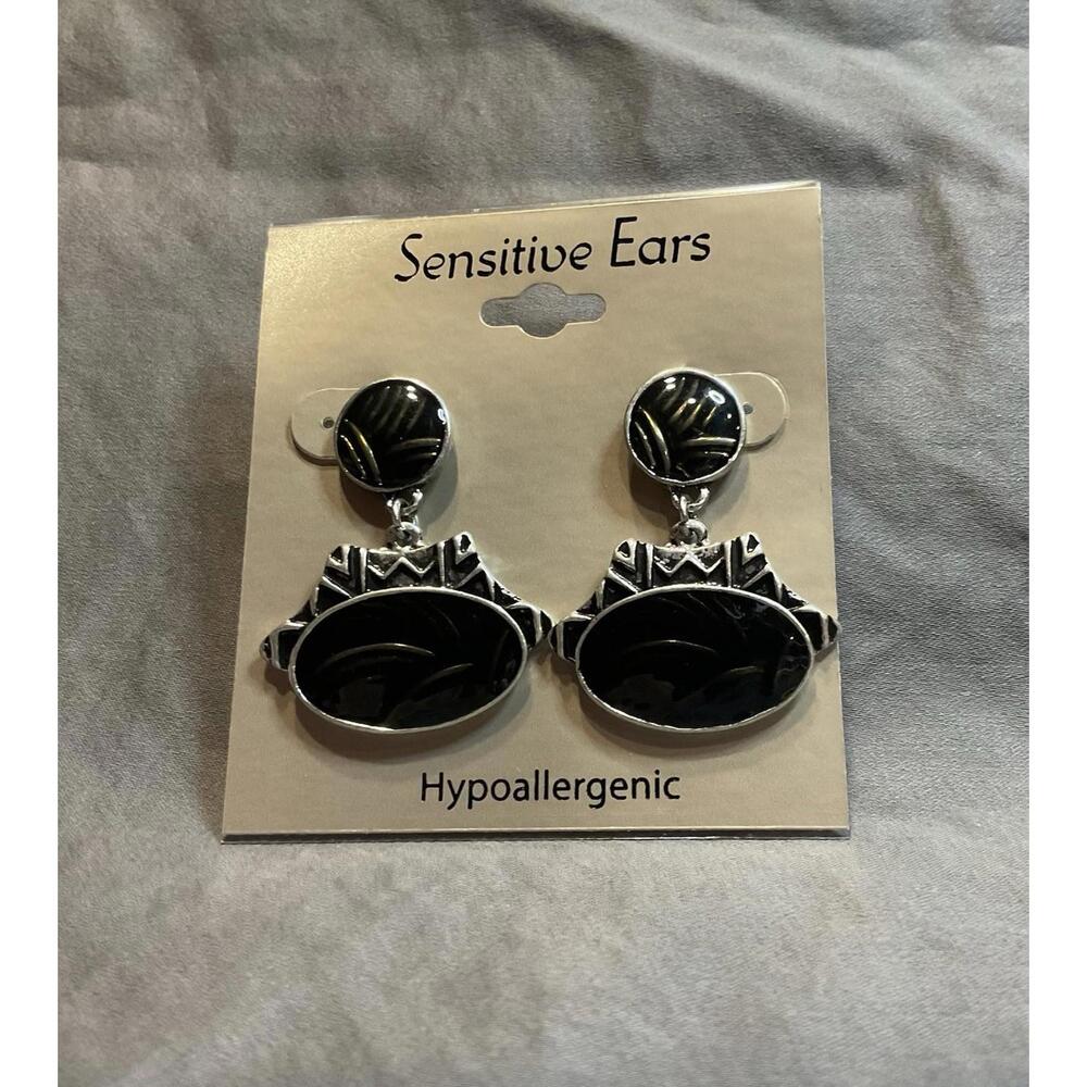 NWT Sensitive Ears Hypoallergenic Silver Tone & Black  Dangle Earrings #1441